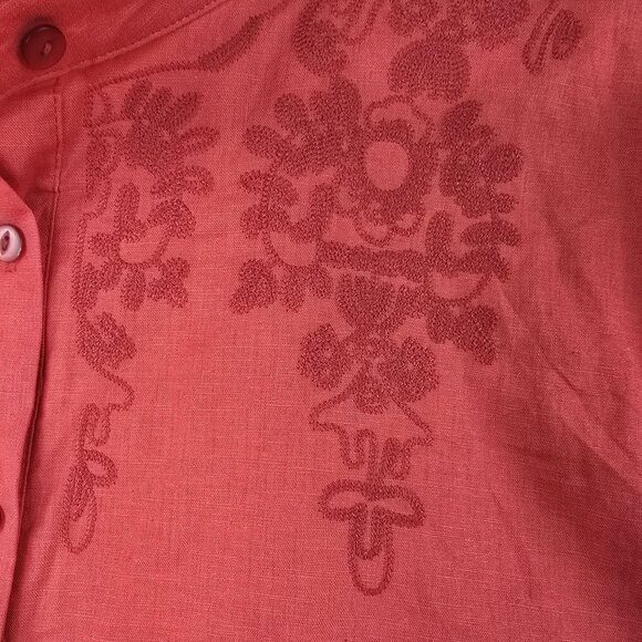 Red Button-Down Embroidered Shirt 2XL Cotton/Linen Blend - Picture 2 of 6